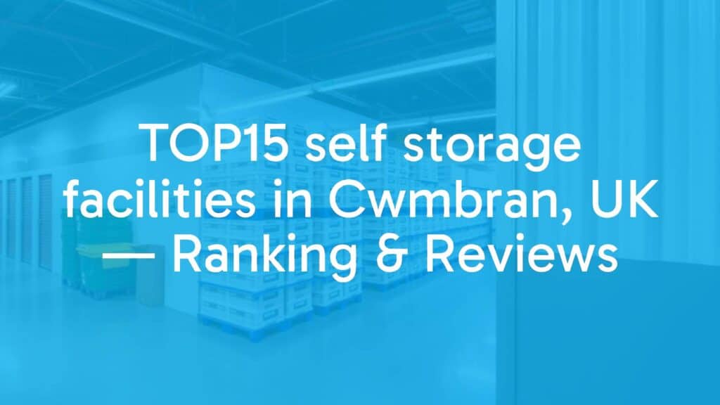 Modern self storage facility in Cwmbran, UK, clean and organized, with stacked storage units, bright lighting, professional vibe.