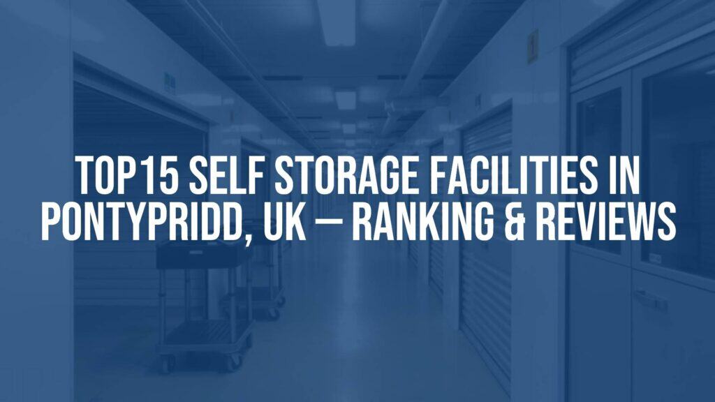 Modern self storage facility in Pontypridd, UK, clean and organized, with storage units and rolling carts, professional and secure atmosphere, realistic.