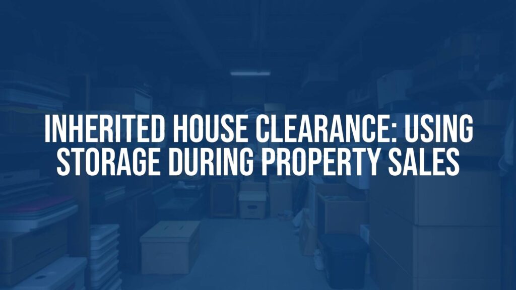 A neatly organized storage unit filled with furniture, boxes, and household items from an inherited home, soft lighting, realistic.