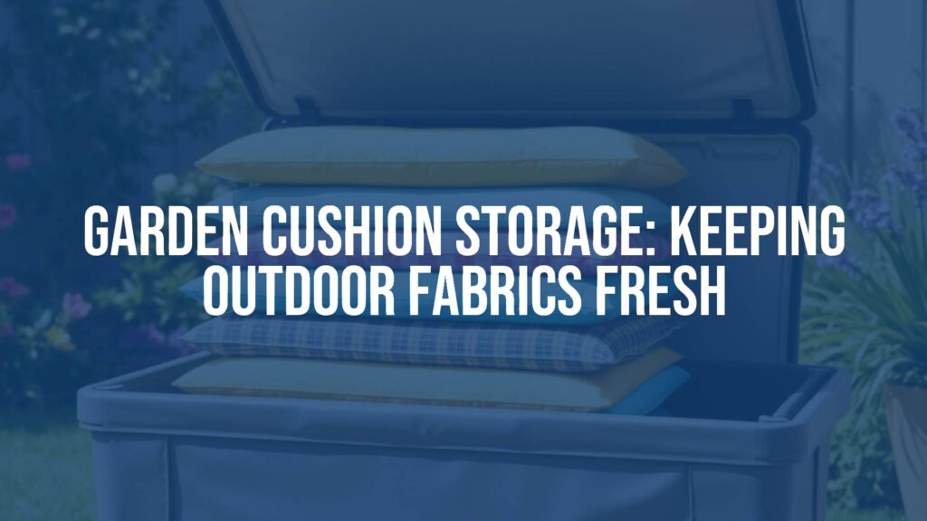 A neat stack of colorful outdoor cushions being placed into a waterproof storage box, sunny garden backdrop, clean and organized, realistic.