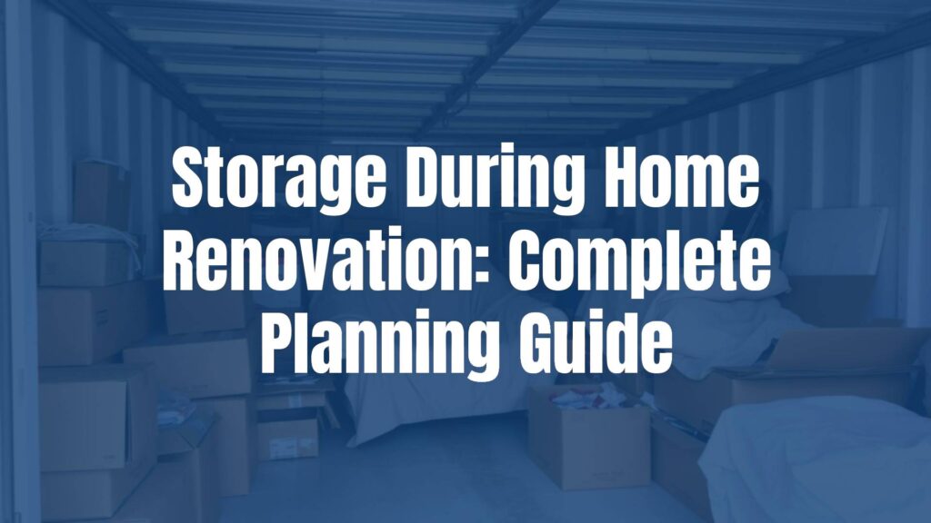 A neatly organized storage unit filled with labeled boxes, furniture covered in protective sheets, and household items, during a home renovation, bright and clean lighting, realistic.