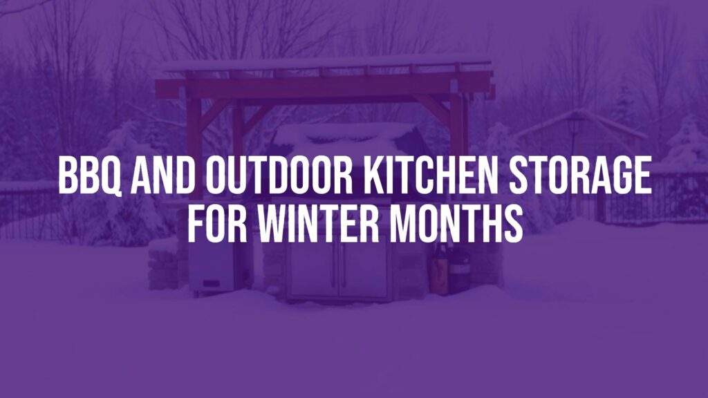 Covered BBQ grill in a winter setting with snow, outdoor kitchen storage, cozy winter vibe, realistic.