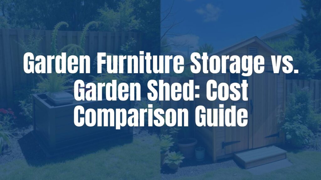 Side-by-side comparison of a garden storage box and a wooden garden shed, sunny backyard setting, realistic.