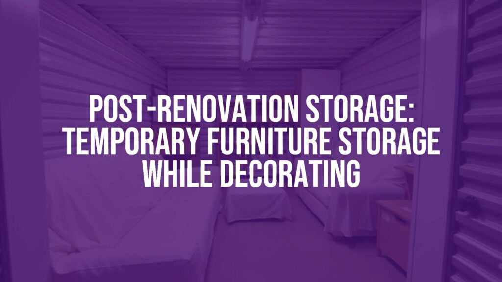 A neatly organized storage unit with furniture covered in protective sheets, clean and dust-free, bright lighting.